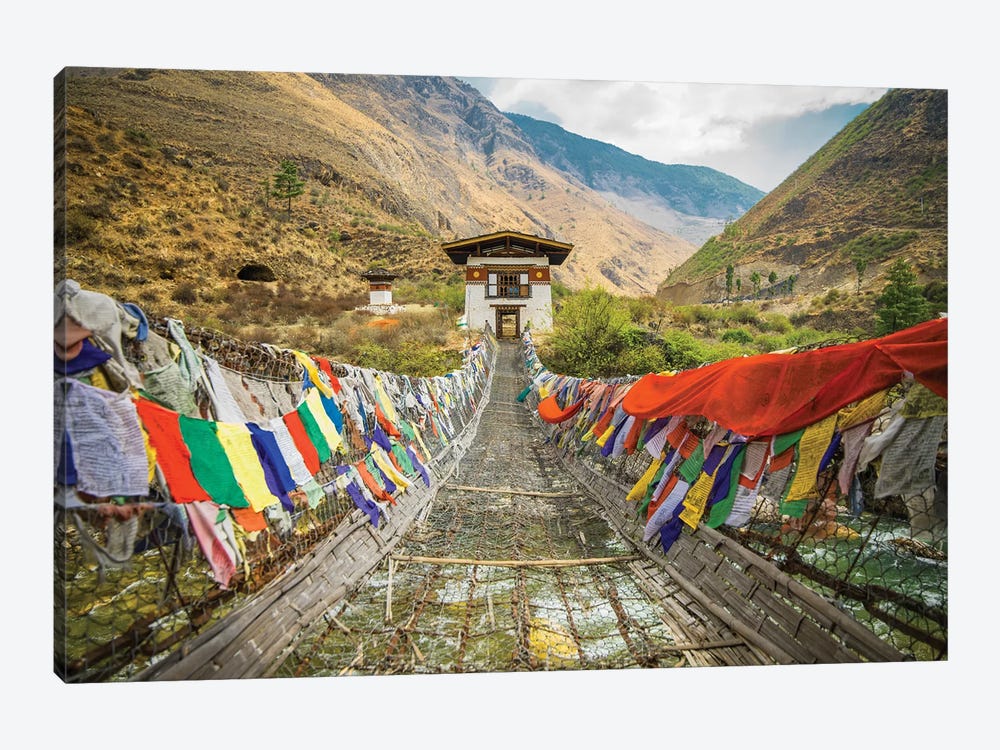 Bhutan Iron Bridge And Prayer Flags by Mark Paulda 1-piece Canvas Print
