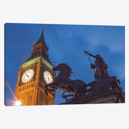 Big Ben With Side View Of Boadicea And Her Daughters Sculptoral Group, London, England, United Kingdom Canvas Print #PAU5} by Mark Paulda Canvas Wall Art