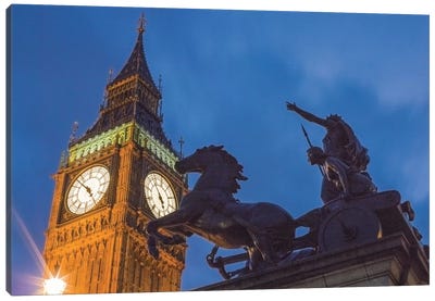 Big Ben With Side View Of Boadicea And Her Daughters Sculptoral Group, London, England, United Kingdom Canvas Art Print