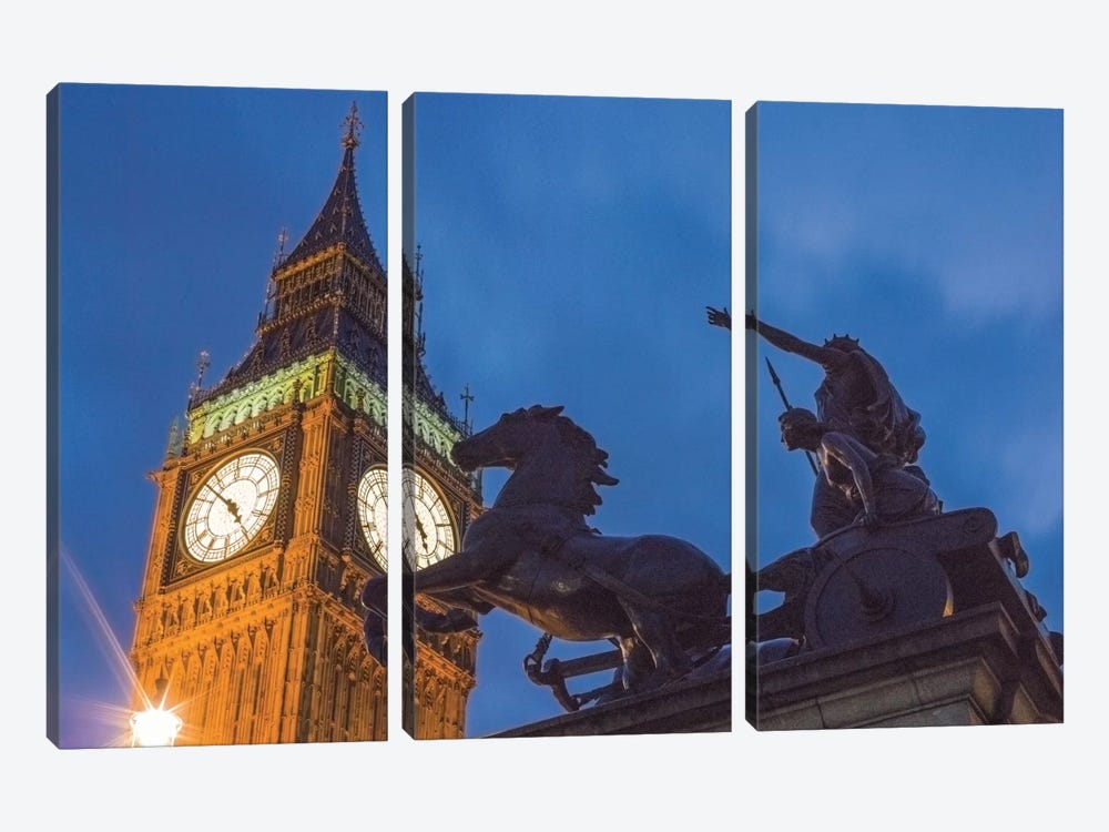 Big Ben With Side View Of Boadicea And Her Daughters Sculptoral Group, London, England, United Kingdom 3-piece Canvas Art
