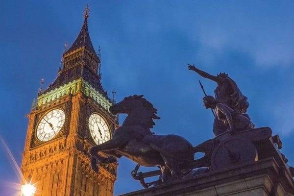 England: Big Ben With Side View Of Boadicea And Her Daughters Sculptoral Group, London, England, United Kingdom by Mark Paulda