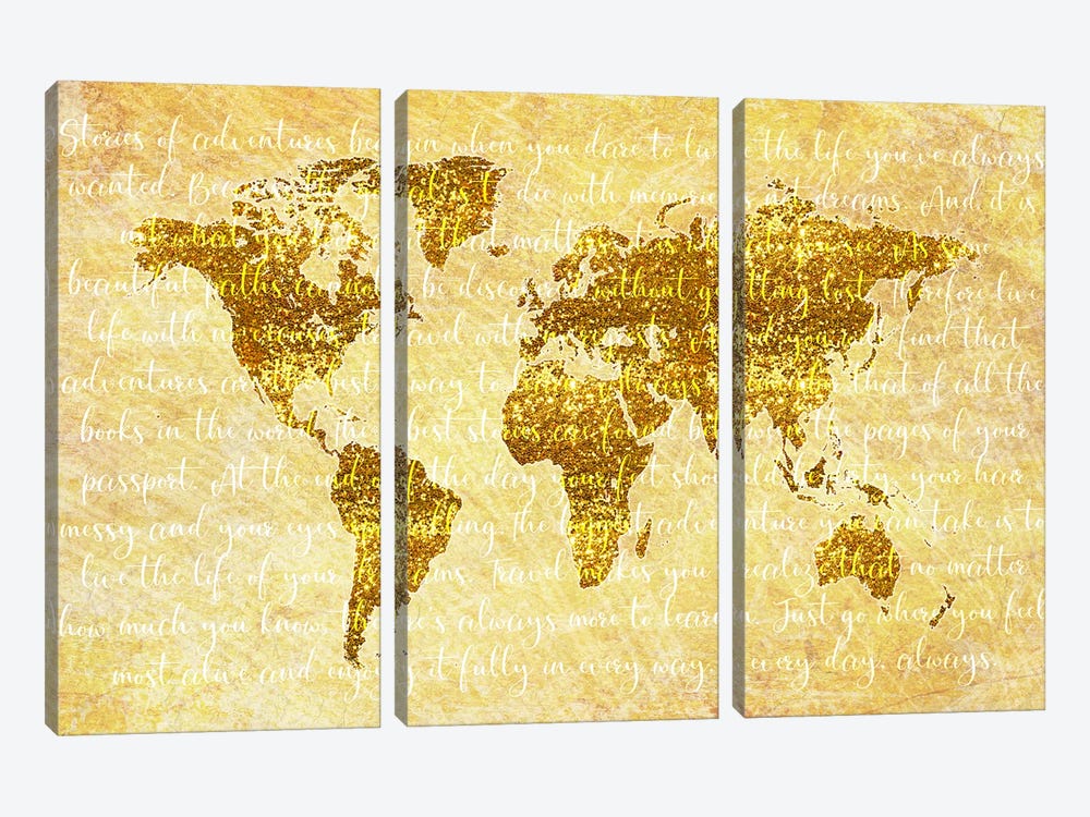Golden World Map by Martina Pavlova 3-piece Canvas Art Print