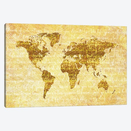 Golden World Map Quote Canvas Print #PAV1057} by Martina Pavlova Art Print