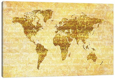 Golden World Map Quote Canvas Art Print - World Map Art