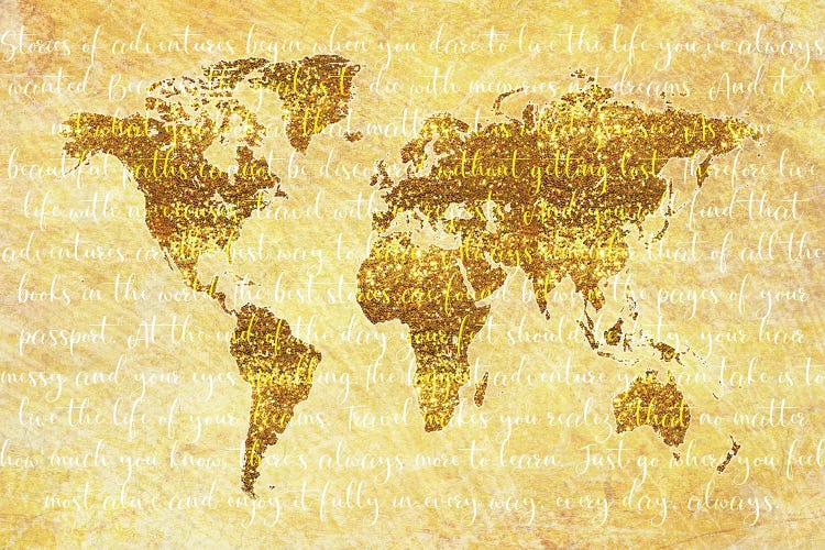 Golden World Map Quote by Martina Pavlova wall art