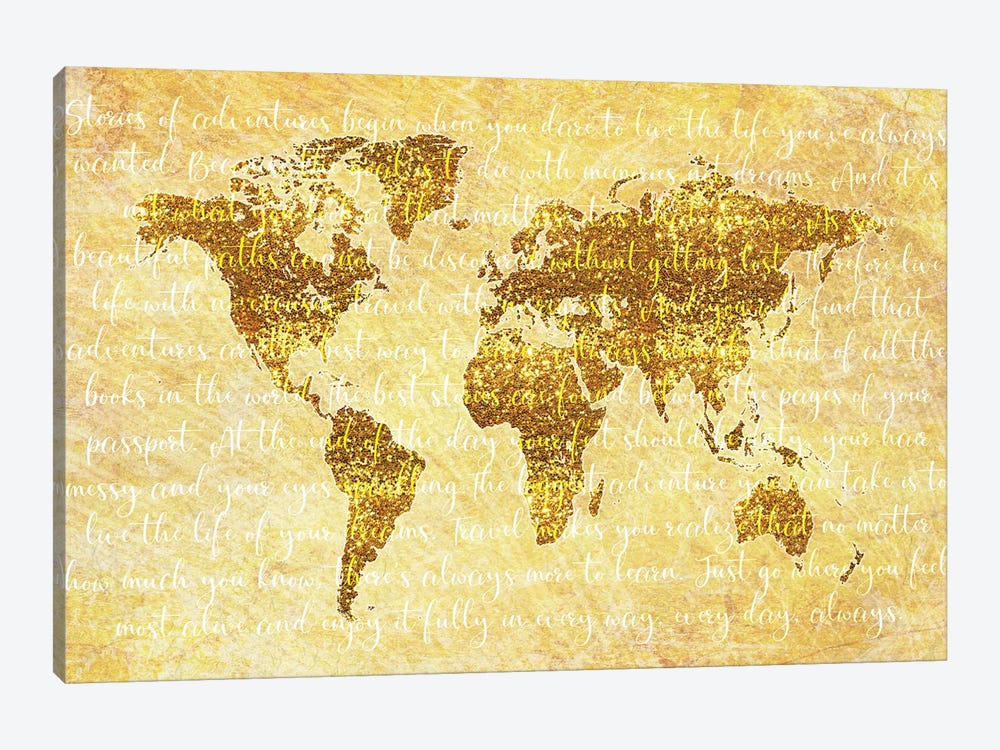 Golden World Map Quote by Martina Pavlova 1-piece Canvas Print