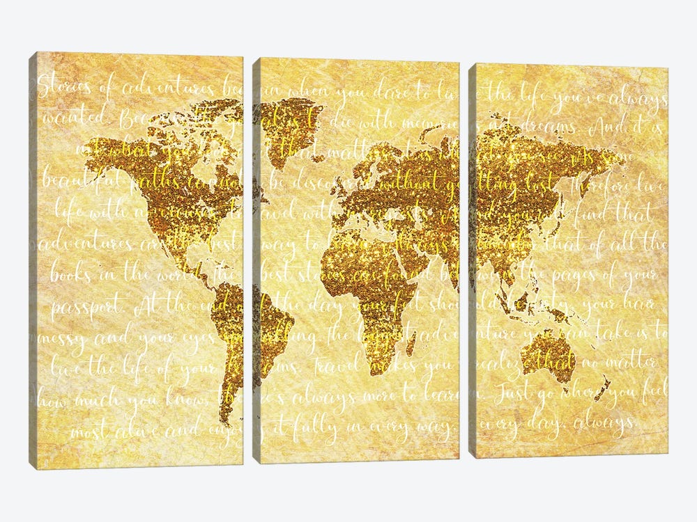 Golden World Map Quote by Martina Pavlova 3-piece Canvas Art Print