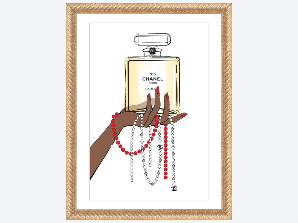 Framed Canvas Art (Champagne) - Holding Chanel II by Martina Pavlova ( Fashion > Fashion Brands > Chanel art) - 26x18 in