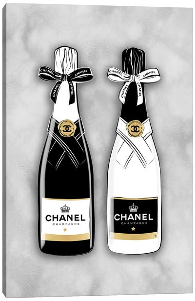 Chanel Bottles Canvas Art Print - Black, White & Gold Art
