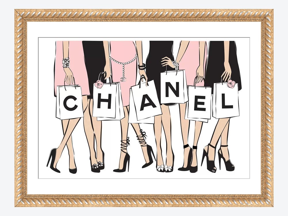 Framed Canvas Art (Champagne) - Chanel Shopping I by Martina Pavlova ( Fashion > Fashion Brands > Chanel art) - 18x26 in