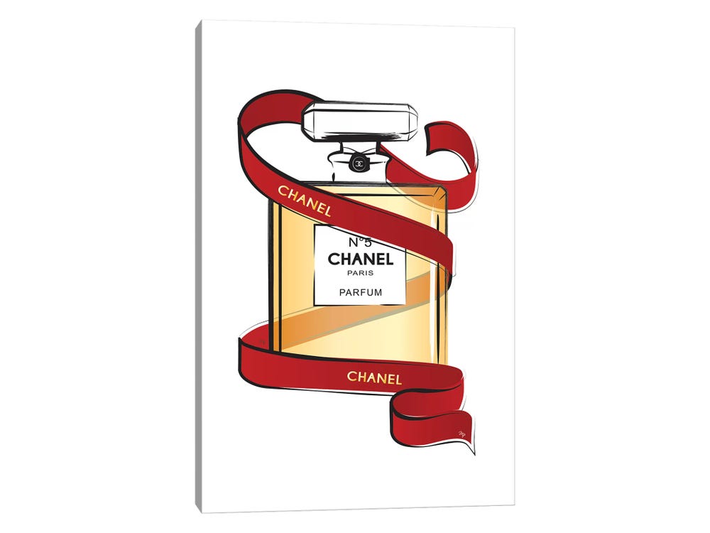 Framed Canvas Art (Gold Floating Frame) - Chanel Ribbon by Martina Pavlova ( Fashion > Hair & Beauty > Perfume Bottles art) - 40x26 in
