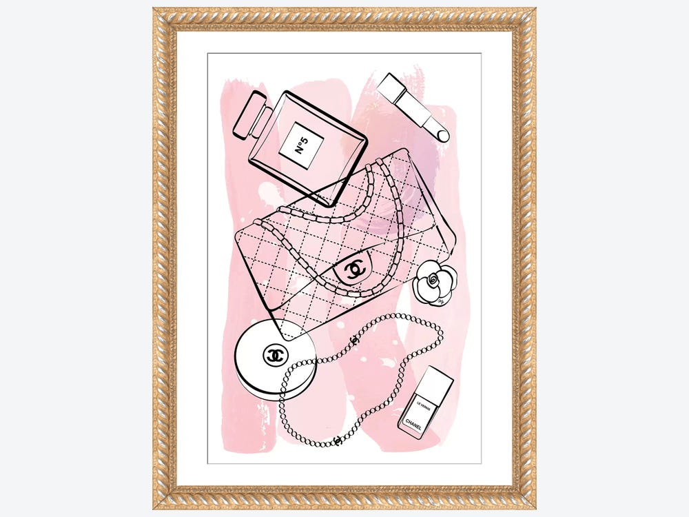 Framed Canvas Art (Champagne) - Pink Chanel by Martina Pavlova ( Fashion > Fashion Accessories > Bags & Purses art) - 26x18 in
