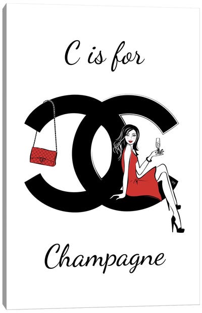 CC: C Is For Champagne Canvas Art Print - Black, White & Red Art