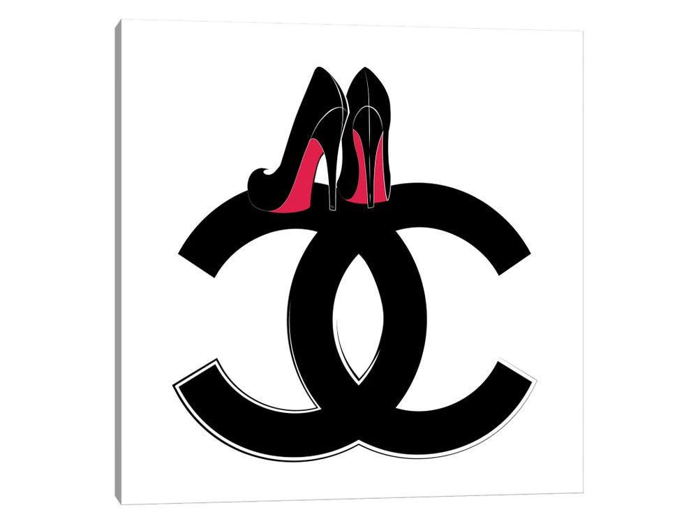 Framed Canvas Art (White Floating Frame) - CC Heels by Martina Pavlova ( Fashion > Fashion Brands > Chanel art) - 18x18 in