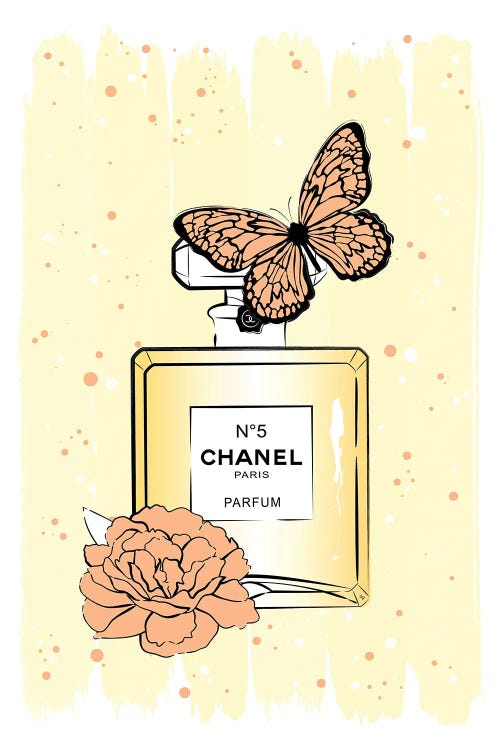 Designart 'Perfume Chanel Five With Butterflies' Modern Framed Canvas Wall  Art Print 