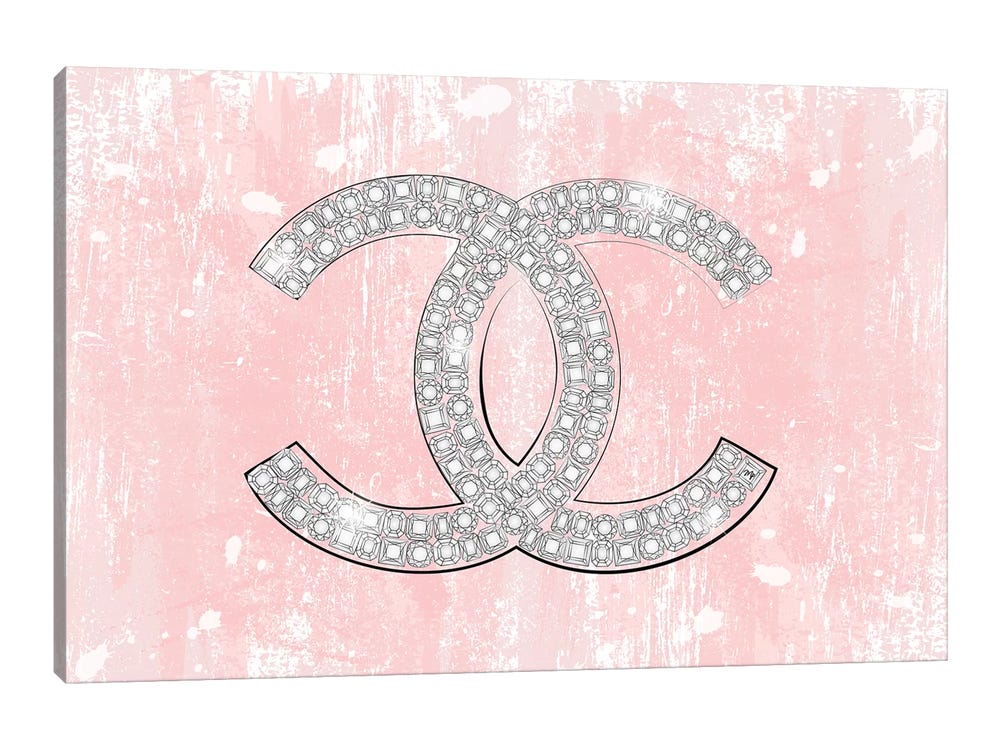 Framed Canvas Art (White Floating Frame) - Pink Chanel Logo by Martina Pavlova ( Fashion > Fashion Brands > Chanel art) - 26x18 in