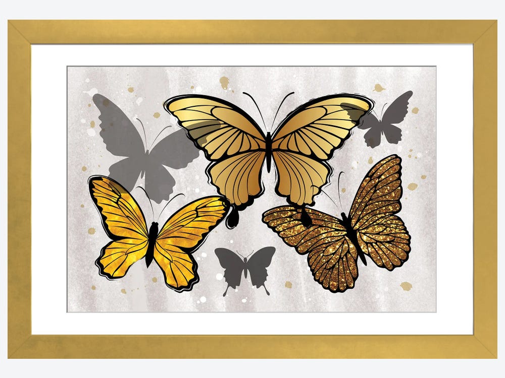 Framed Canvas Art - Golden Butterflies by Martina Pavlova ( Animals > Insects & Bugs > Butterflies art) - 26x40 in