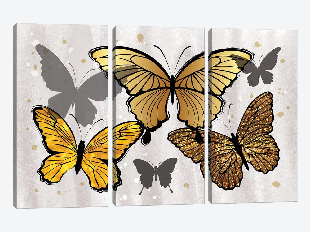 Golden Butterflies by Martina Pavlova 3-piece Canvas Wall Art