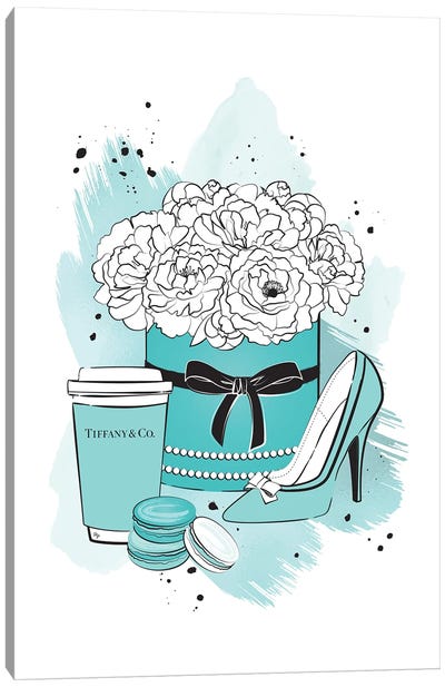 Framed Canvas Art (Champagne) - Black, White & Teal Book Stack by Amanda Greenwood ( Fashion > Fashion Brands > Tiffany & Co. art) - 26x18 in