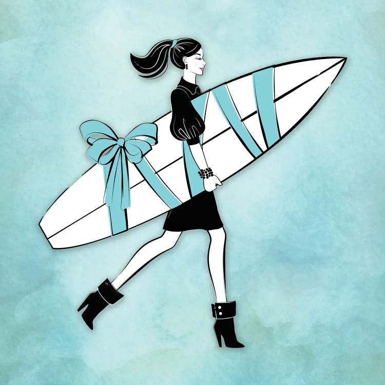 Framed Canvas Art - Surf Girl Blue by Martina Pavlova ( Sports > Surfing art) - 26x26 in