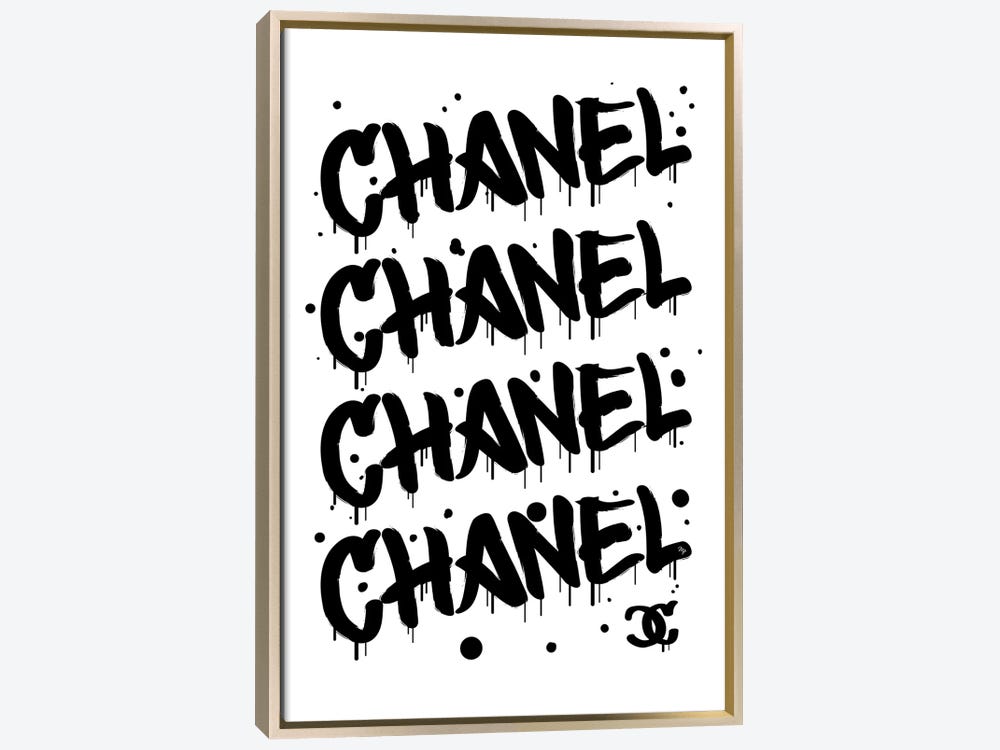 Framed Canvas Art (Champagne) - Chanel Graffiti Black by Martina Pavlova ( Fashion > Fashion Brands > Chanel art) - 26x18 in