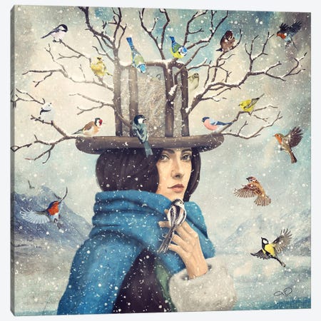 The Lady With The Bird Feeder Hat Canvas Print #PBF108} by Paula Belle Flores Art Print