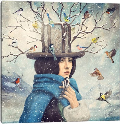 The Lady With The Bird Feeder Hat Canvas Art Print - Animal Humor Art