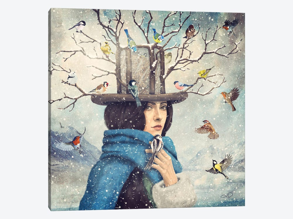 The Lady With The Bird Feeder Hat by Paula Belle Flores 1-piece Art Print
