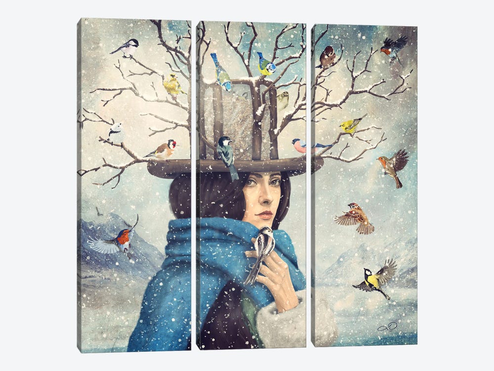 The Lady With The Bird Feeder Hat by Paula Belle Flores 3-piece Art Print