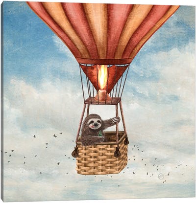 A Sloth Around The World Canvas Art Print - Hot Air Balloon Art