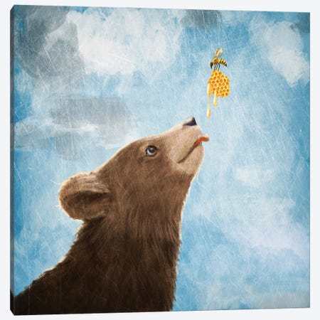 Bear Cub And Bee With Honeycomb Canvas Print #PBF151} by Paula Belle Flores Canvas Wall Art