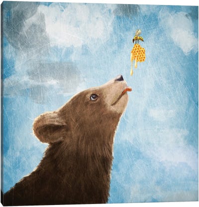 Bear Cub And Bee With Honeycomb Canvas Art Print - Kids' Space
