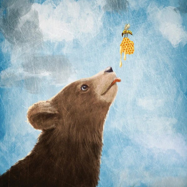 Paula Belle Flores: Bear Cub And Bee With Honeycomb by Paula Belle Flores