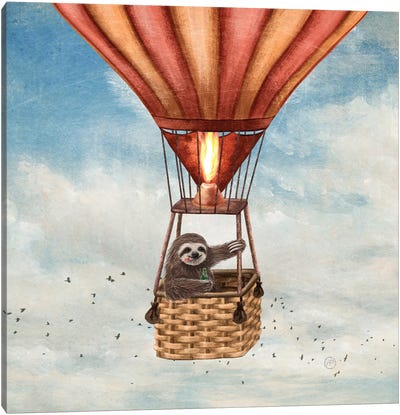 Sloth Around The World Canvas Art Print - Hot Air Balloon Art