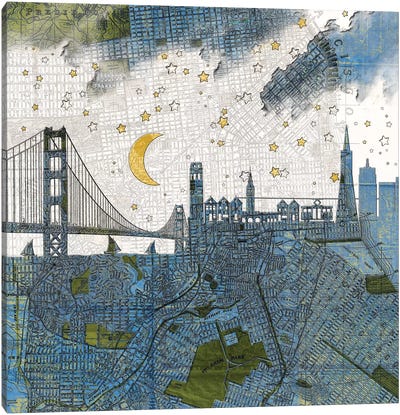 San Francisco, Old Map Canvas Art Print - Golden Gate Bridge