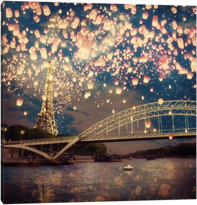 Love Wish: Lanterns Over Paris Canvas Art Print - Virtual Escapism