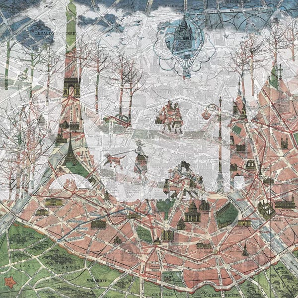 Paula Belle Flores: Paris, Old Map With Text by Paula Belle Flores