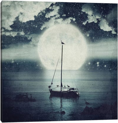 Starry Night Seascape Canvas Art Print - Boat Art