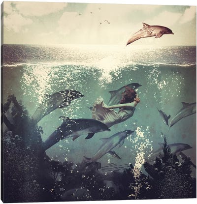 Swimming With My Dolphin Friends Canvas Art Print - Kids Ocean Life Art