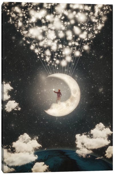 The Big Journey Of The Man On The Moon Canvas Art Print - Paula Belle Flores