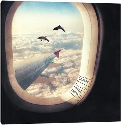 Imagine Flying With Dolphins Canvas Art Print - Dolphin Art