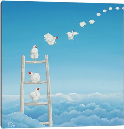 Chicken In The Clouds Canvas Art Print - Chicken & Rooster Art