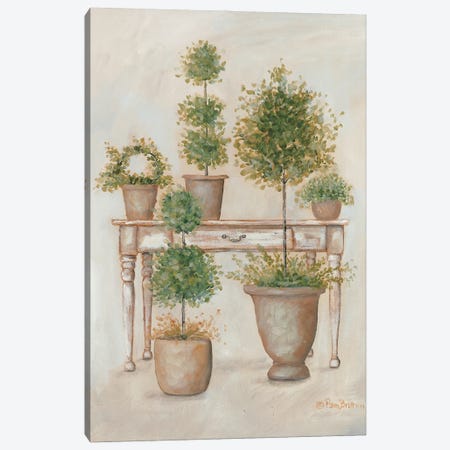 Potting Bench & Topiaries II Canvas Print #PBR21} by Pam Britton Canvas Wall Art