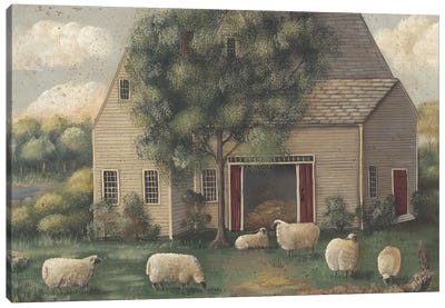 Sheep And House Canvas Art Print - Sheep Art