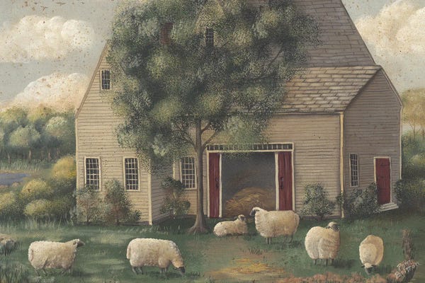 Pam Britton: Sheep And House by Pam Britton