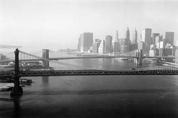 Large Black & White Art - Canvas Prints: Brooklyn Bridge and Manhattan Bridge Aerial by Print Collection