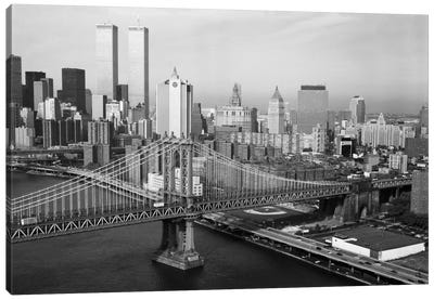 Manhattan Bridge with Twin Towers behind Canvas Art Print - Black & White Scenic