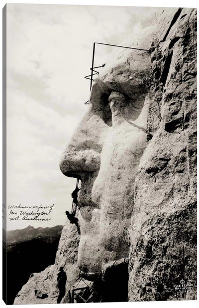 Workmen on Face of George Washington Canvas Art Print - Mount Rushmore National Memorial