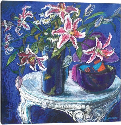 Lilies With Cobalt Blue Canvas Art Print - Patricia Clements
