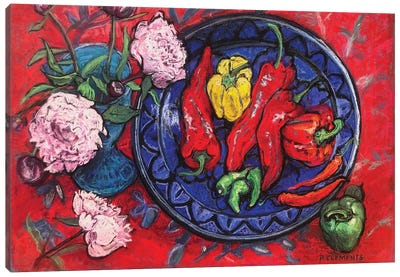 Peony And Peppers Still Life Canvas Art Print - Patricia Clements